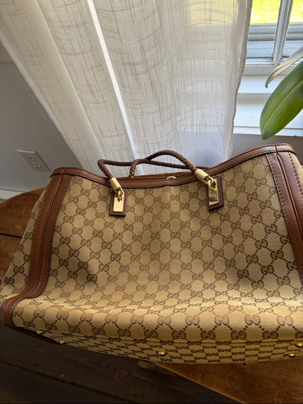 Gucci Beige and Brown GG Canvas Braided Handle Tote with Tassels - Picture 3 of 9